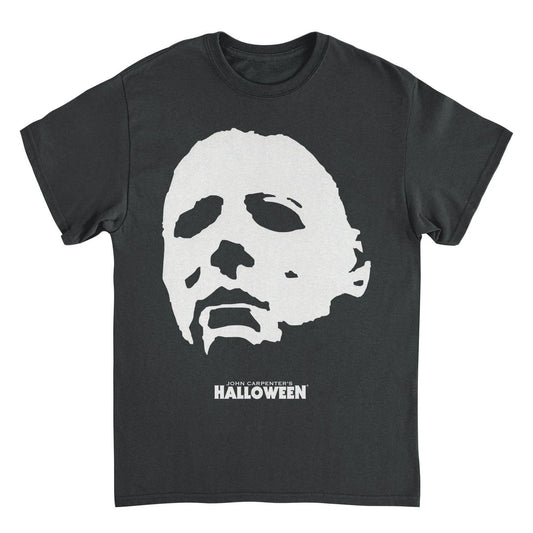 Michael Myers mask t shirt featuring close up angled face graphic from Halloween horror movie