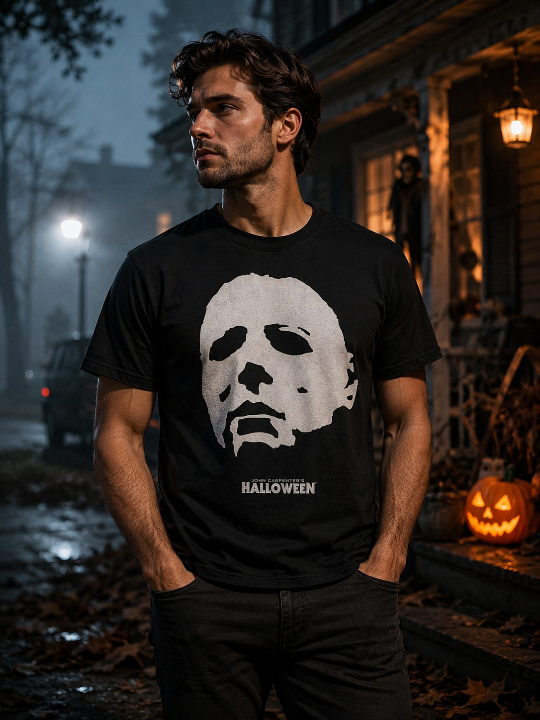 Male model wearing a Michael Myers mask horror tee on a foggy Halloween street with glowing pumpkins and dark porch lights.
