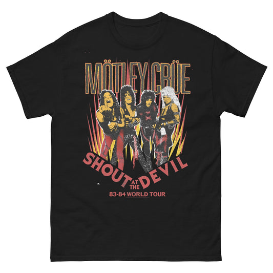 Officially licensed Mötley Crüe Shout at the Devil 83-84 World Tour T-shirt featuring a vintage band photo graphic on a black heavyweight cotton tee.