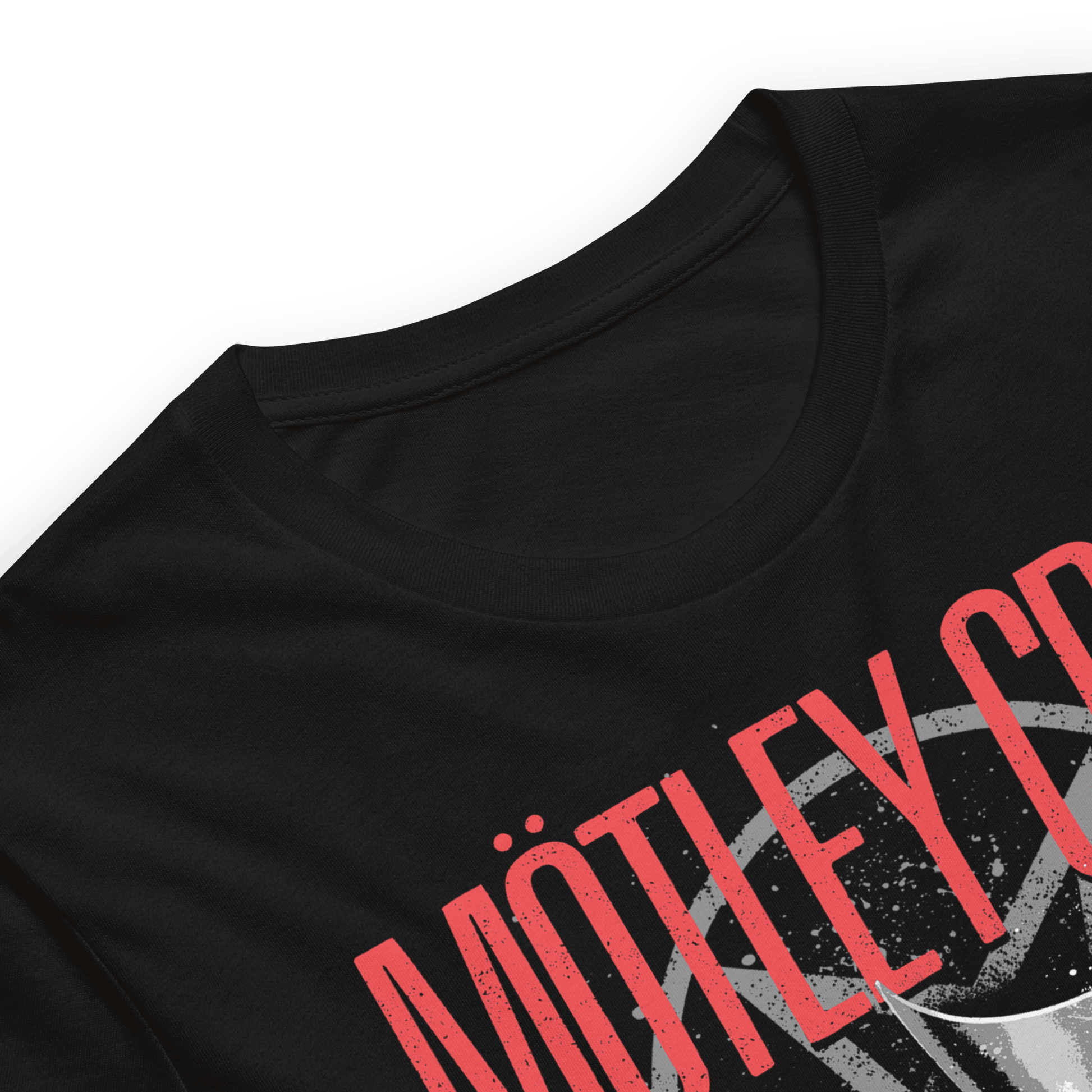 Close-up of the officially licensed Mötley Crüe Theatre of Pain black T-shirt featuring the distressed Mötley Crüe logo and premium heavyweight cotton fabric.