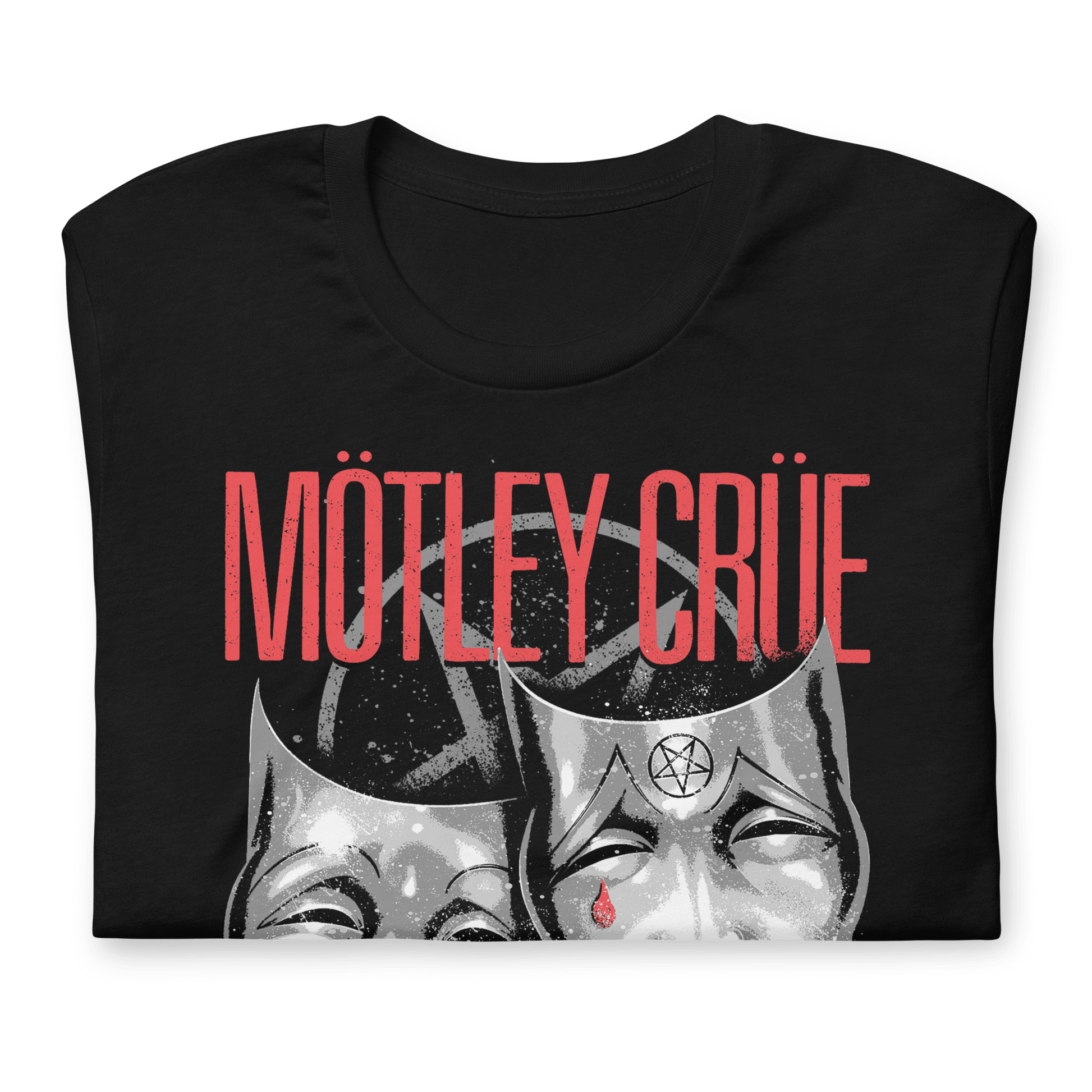 Folded officially licensed Mötley Crüe Theatre of Pain black T-shirt highlighting the iconic comedy and tragedy masks artwork and distressed band logo.