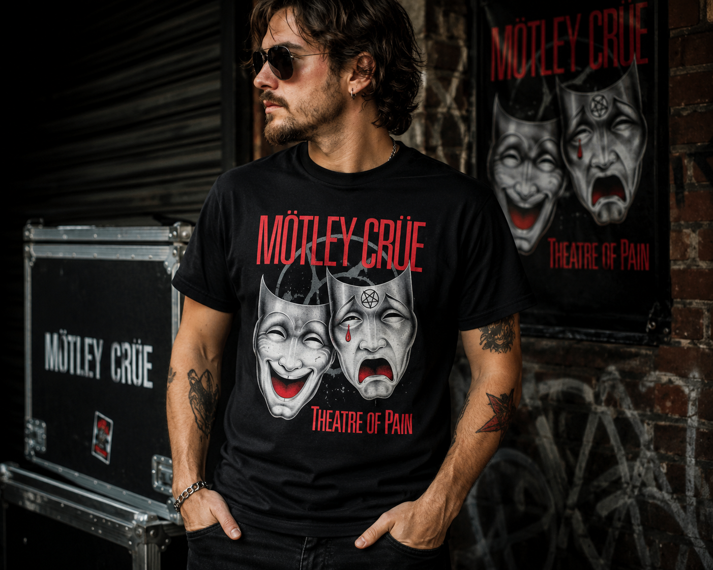Male model wearing the officially licensed Mötley Crüe Theatre of Pain black T-shirt in an industrial rock-inspired setting featuring the iconic comedy and tragedy masks design.