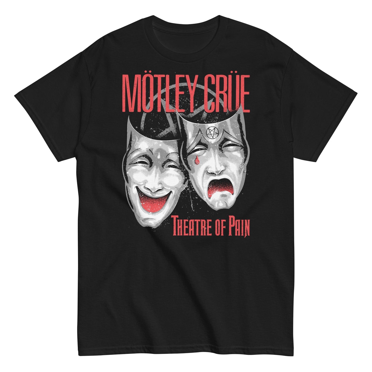 Officially licensed Mötley Crüe Theatre of Pain black T-shirt featuring the iconic comedy and tragedy masks artwork with distressed vintage-style graphics.