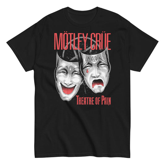 Officially licensed Mötley Crüe Theatre of Pain black T-shirt featuring the iconic comedy and tragedy masks artwork with distressed vintage-style graphics.