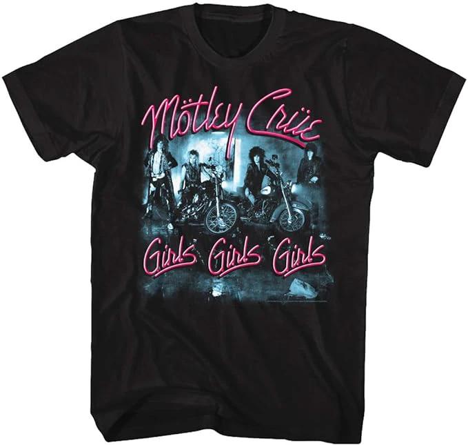 Black t-shirt with 'Motley Crue Girls Girls Girls' graphic design on a white background