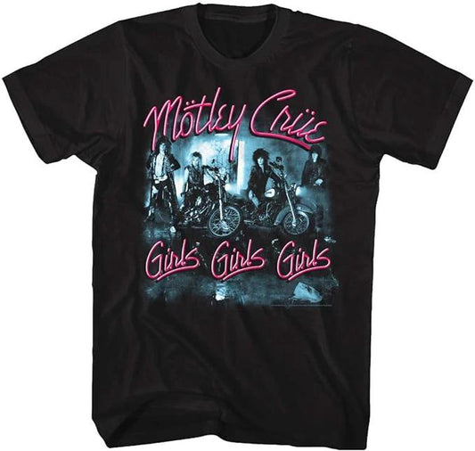 Black t-shirt with 'Motley Crue Girls Girls Girls' graphic design on a white background