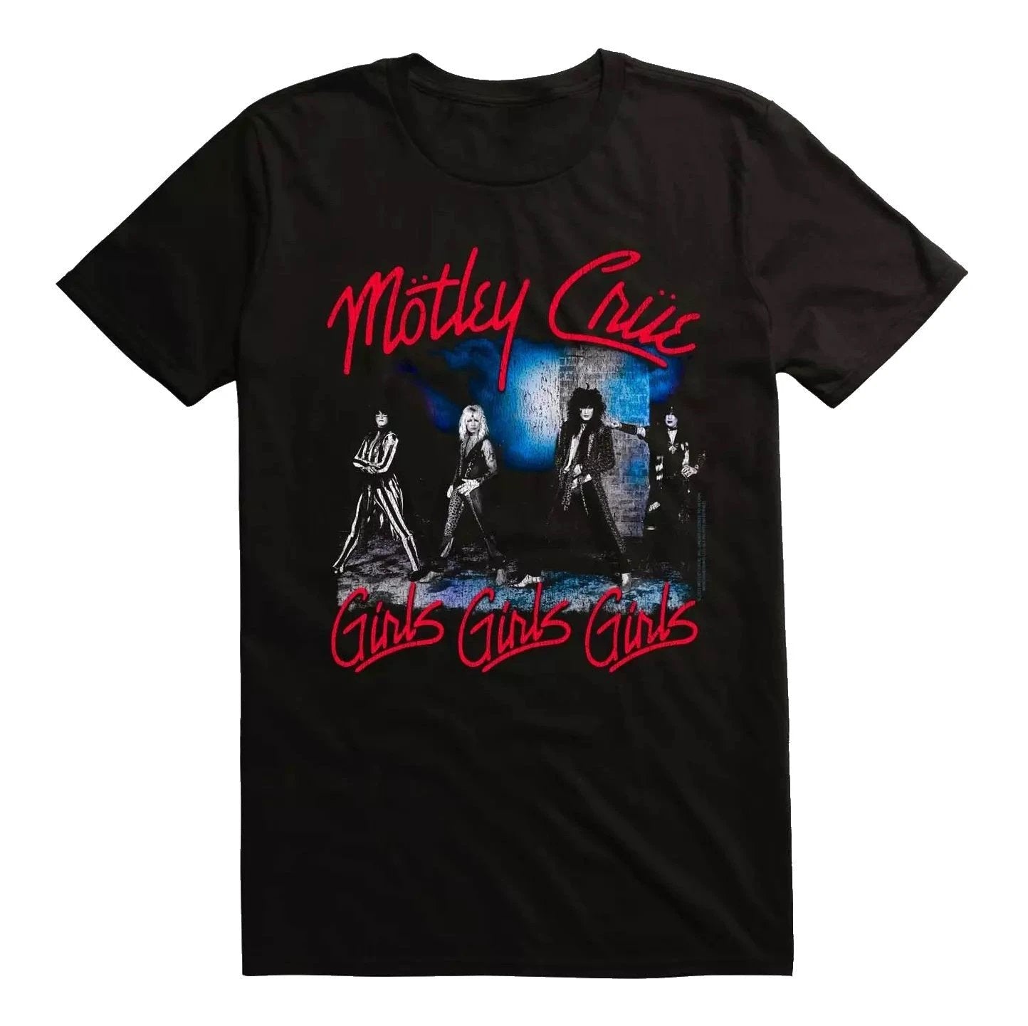 Black t-shirt with Mötley Crüe graphic and 'Girls Girls Girls' text on a white background