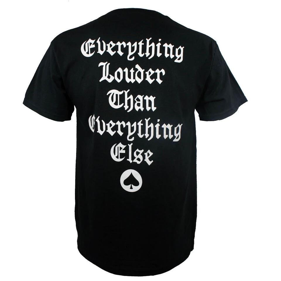 Black t-shirt with white text and symbol on a white background