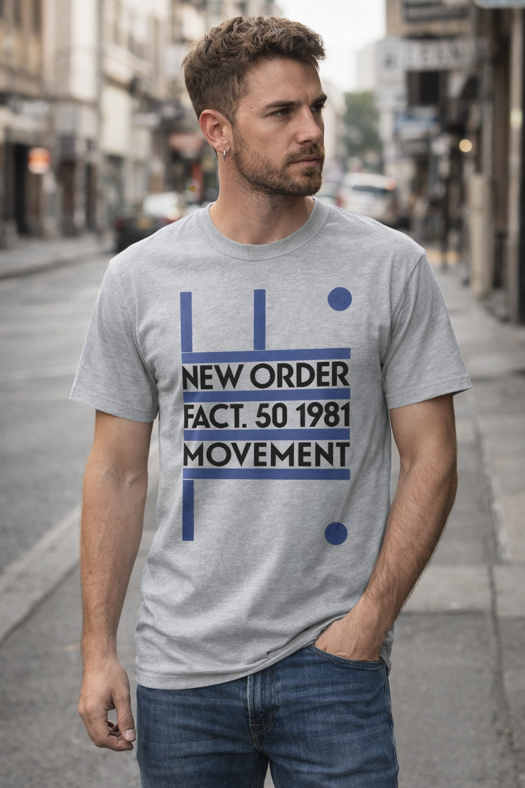 Male model wearing New Order Movement t shirt with FACT 50 1981 design in urban street setting casual outfit