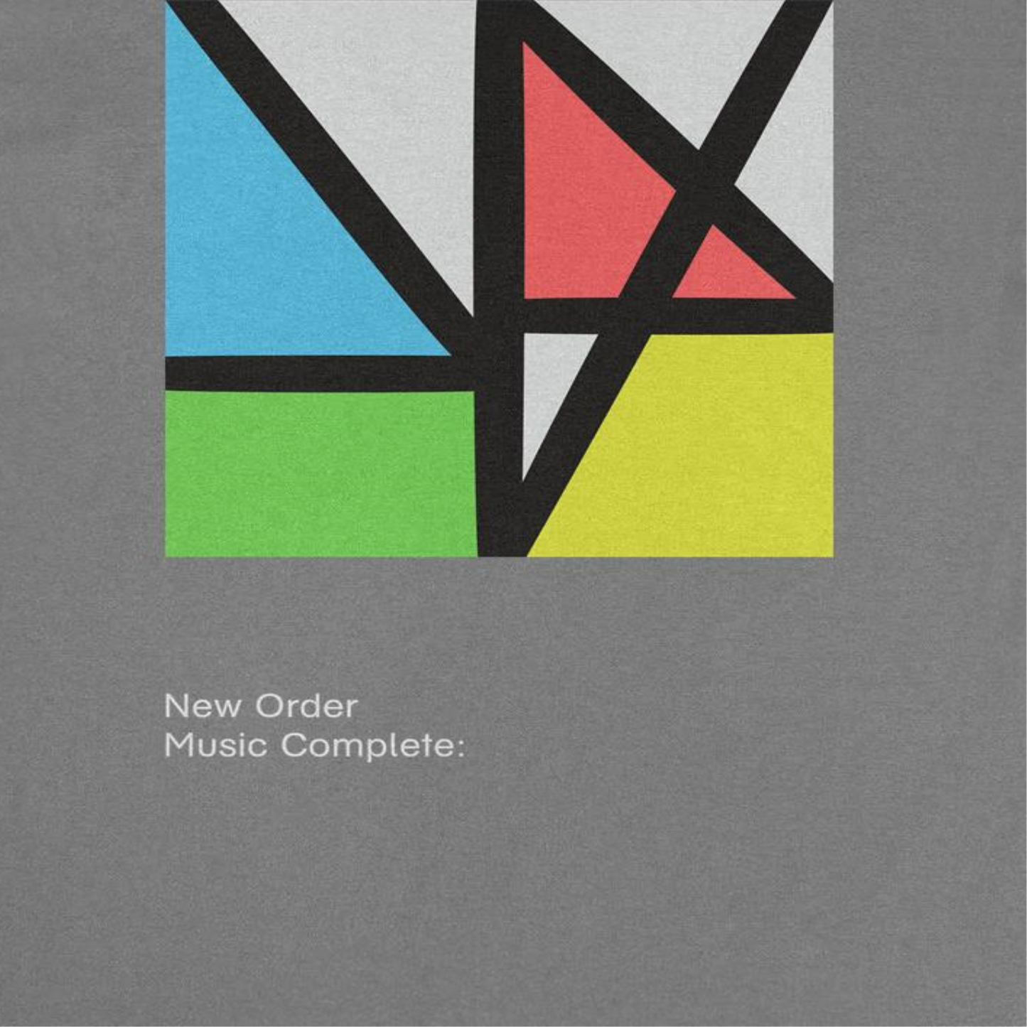Close up of New Order Music Complete design on t shirt showing modern album style graphic