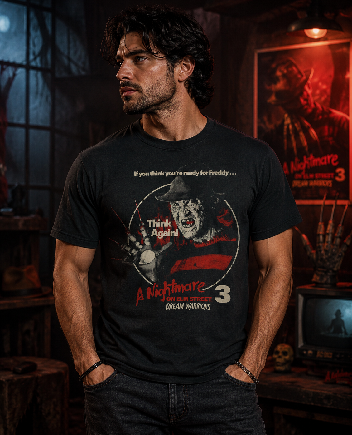 Male model wearing a Dream Warriors Freddy horror tee in a dark cinematic horror room with red lighting and vintage slasher movie style.