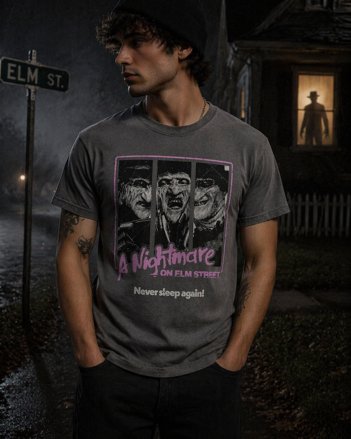 male model wearing Nightmare on Elm Street Freddy Krueger Dream Demon charcoal t shirt on dark Elm Street scene