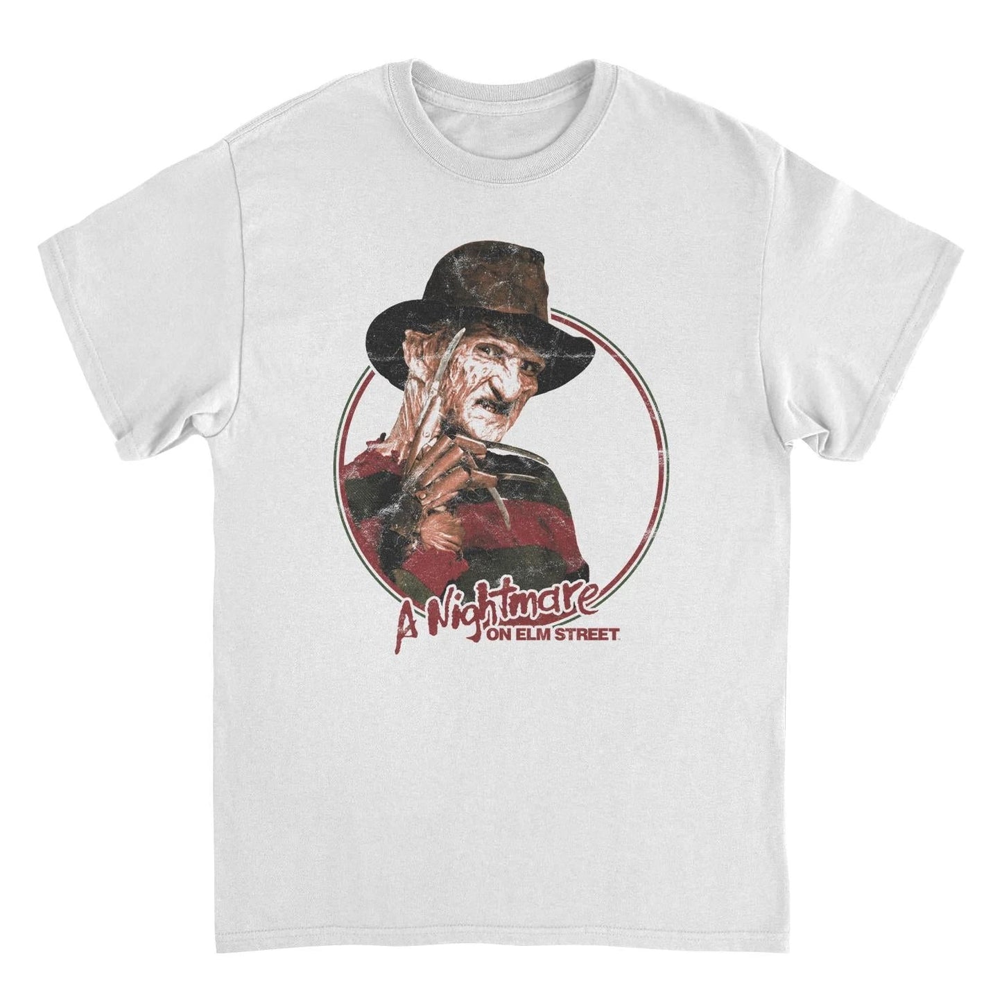 Freddy Krueger Nightmare on Elm Street white t-shirt featuring classic 80s horror movie villain graphic