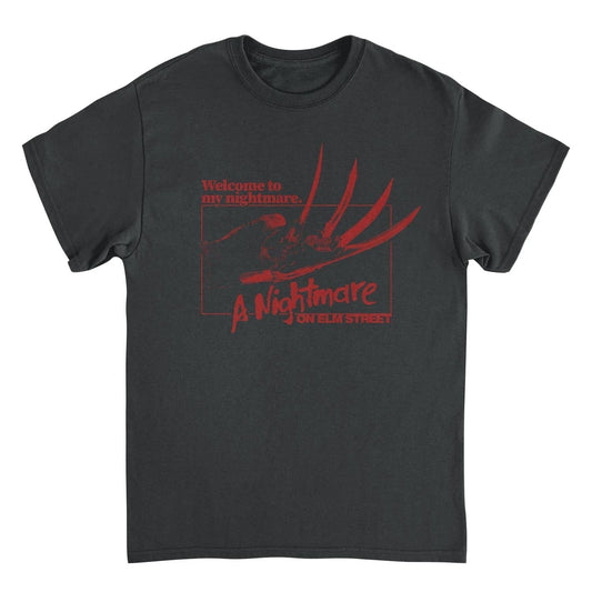 Nightmare on Elm Street Welcome to My Nightmare Freddy Krueger black t shirt with red horror graphic design