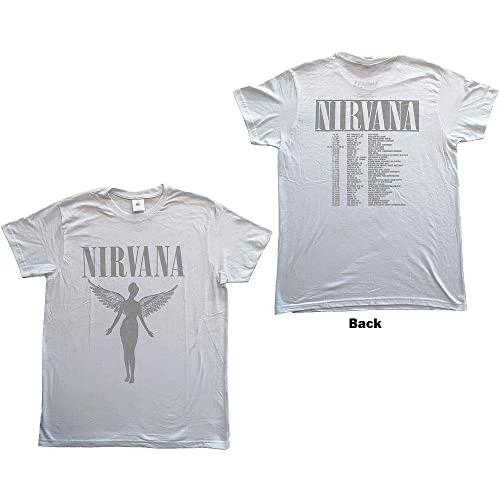 White t-shirt with Nirvana logo and text on a white background