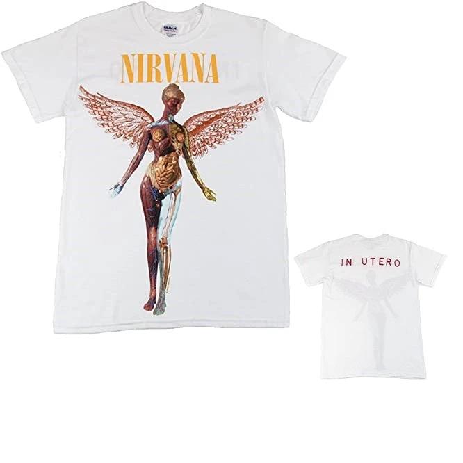 White t-shirt with Nirvana graphic design featuring a winged figure and 'In Utero' text on a white background.
