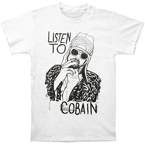 White t-shirt with a graphic of a person smoking and text 'Listen To Cobain' on a white background