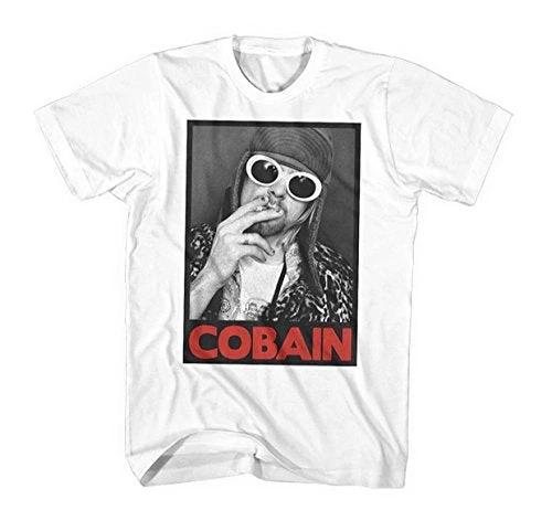 White t-shirt with a graphic of a person smoking and the word 'COBAIN' on a white background