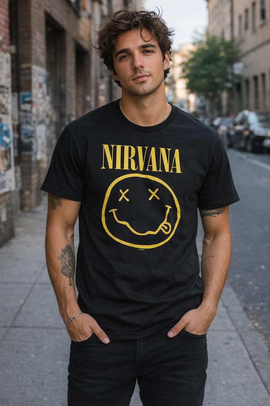 nirvana smiley face black t shirt worn by male model streetwear grunge band tee