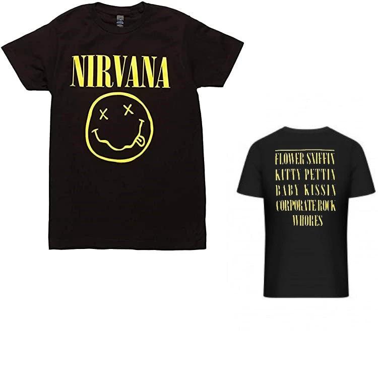 Nirvana smiley face t shirt front and back view black vintage grunge rock band tee with yellow logo graphic