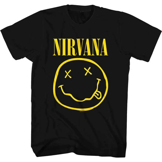 nirvana smiley face black t shirt officially licensed band tee front view