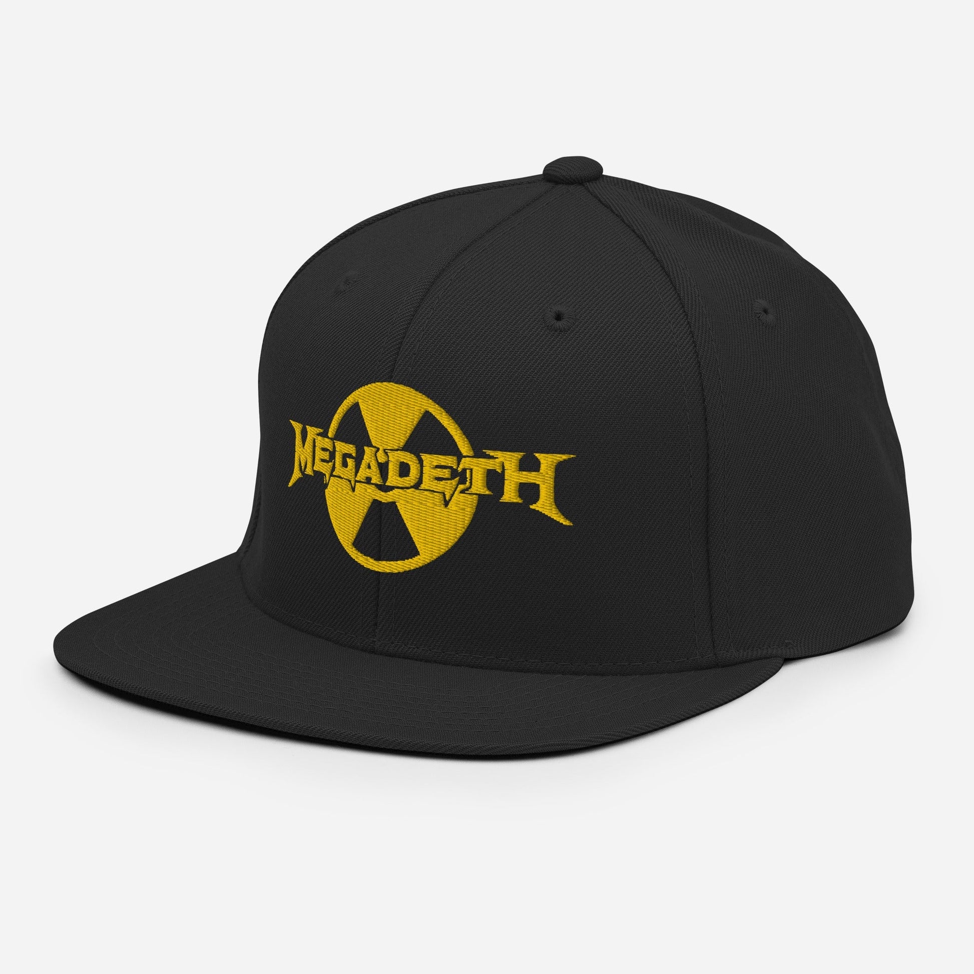 Angled view of an official Megadeth logo snapback hat with yellow embroidered logo on a black adjustable cap.