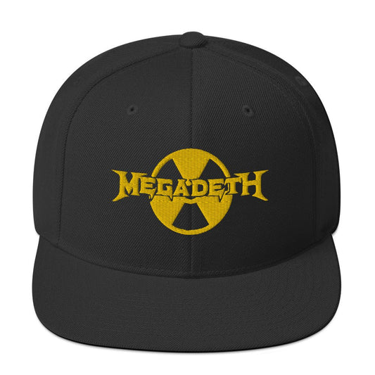 Official Megadeth logo snapback hat featuring yellow embroidered logo on a black adjustable cap.