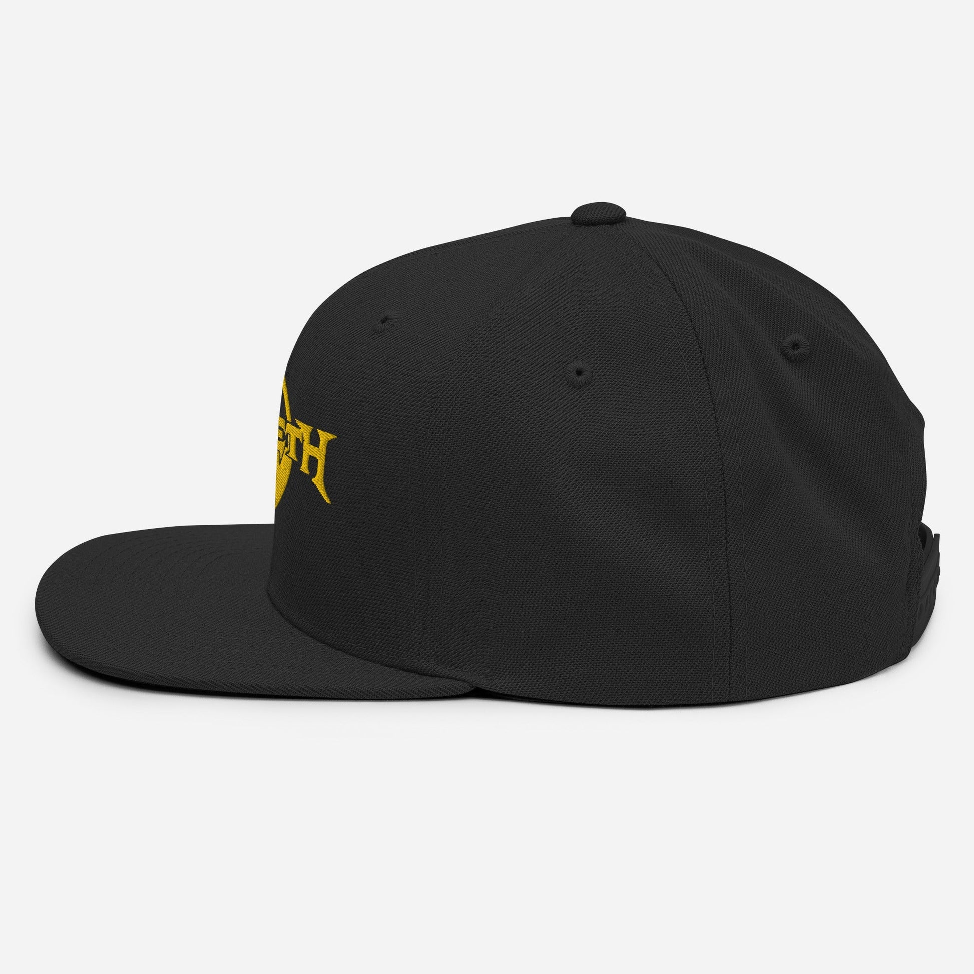 Side view of an official Megadeth logo snapback hat featuring yellow embroidery on a black adjustable cap.