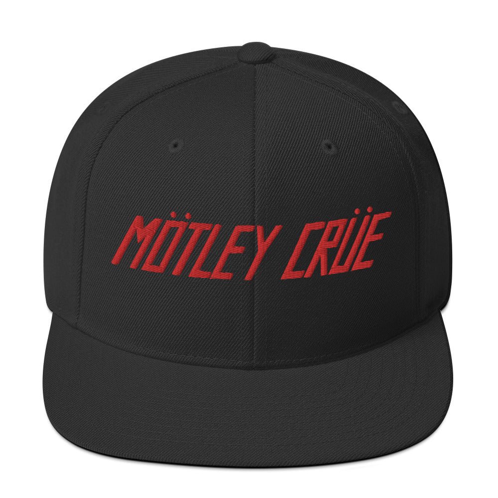 Official Motley Crüe Logo Snapback Hat featuring a high-definition embroidered red Mötley Crüe logo on a black structured 6-panel adjustable snapback cap.