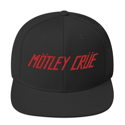 Official Motley Crüe Logo Snapback Hat featuring a high-definition embroidered red Mötley Crüe logo on a black structured 6-panel adjustable snapback cap.