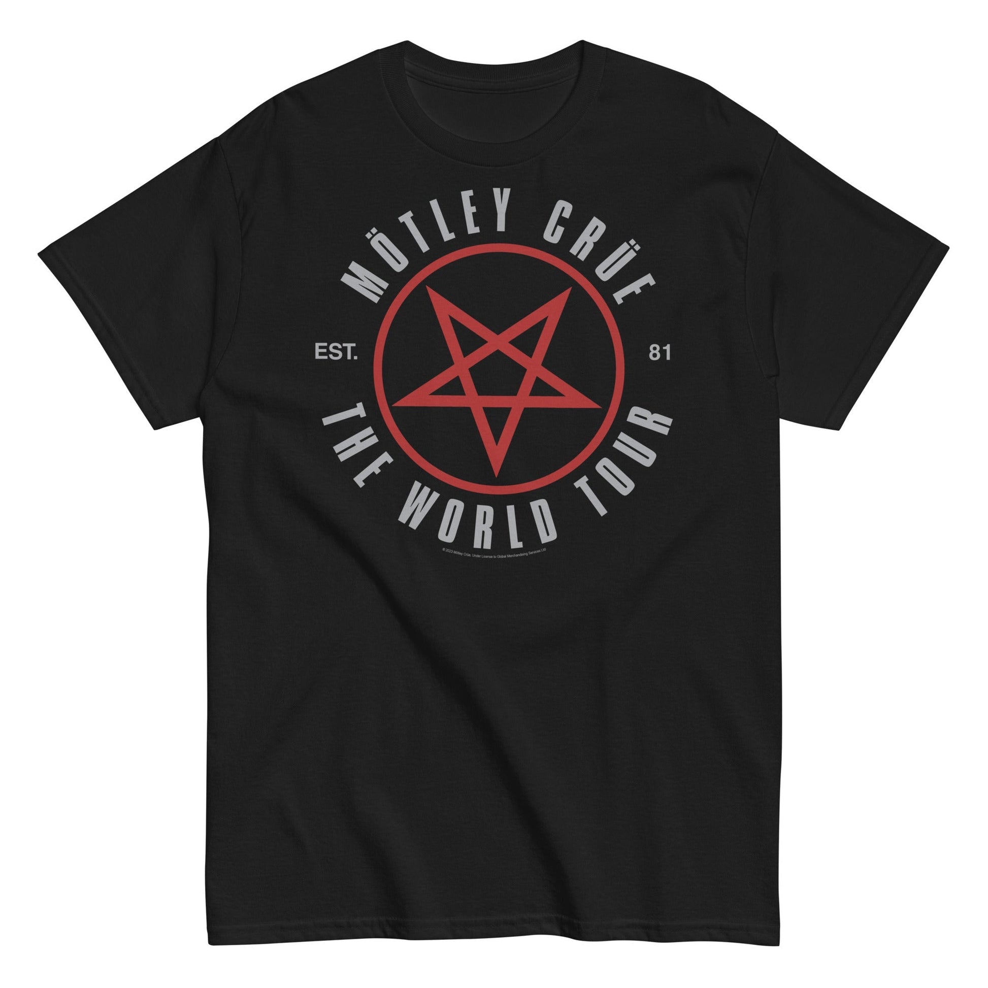 Official Motley Crüe The World Tour T-Shirt featuring a bold red pentagram graphic with Est. 81 design on a heavyweight black 100% cotton unisex crew neck tee.
