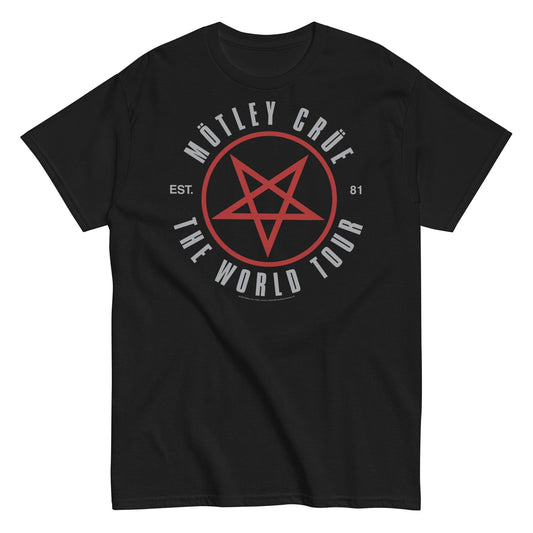 Official Motley Crüe The World Tour T-Shirt featuring a bold red pentagram graphic with Est. 81 design on a heavyweight black 100% cotton unisex crew neck tee.