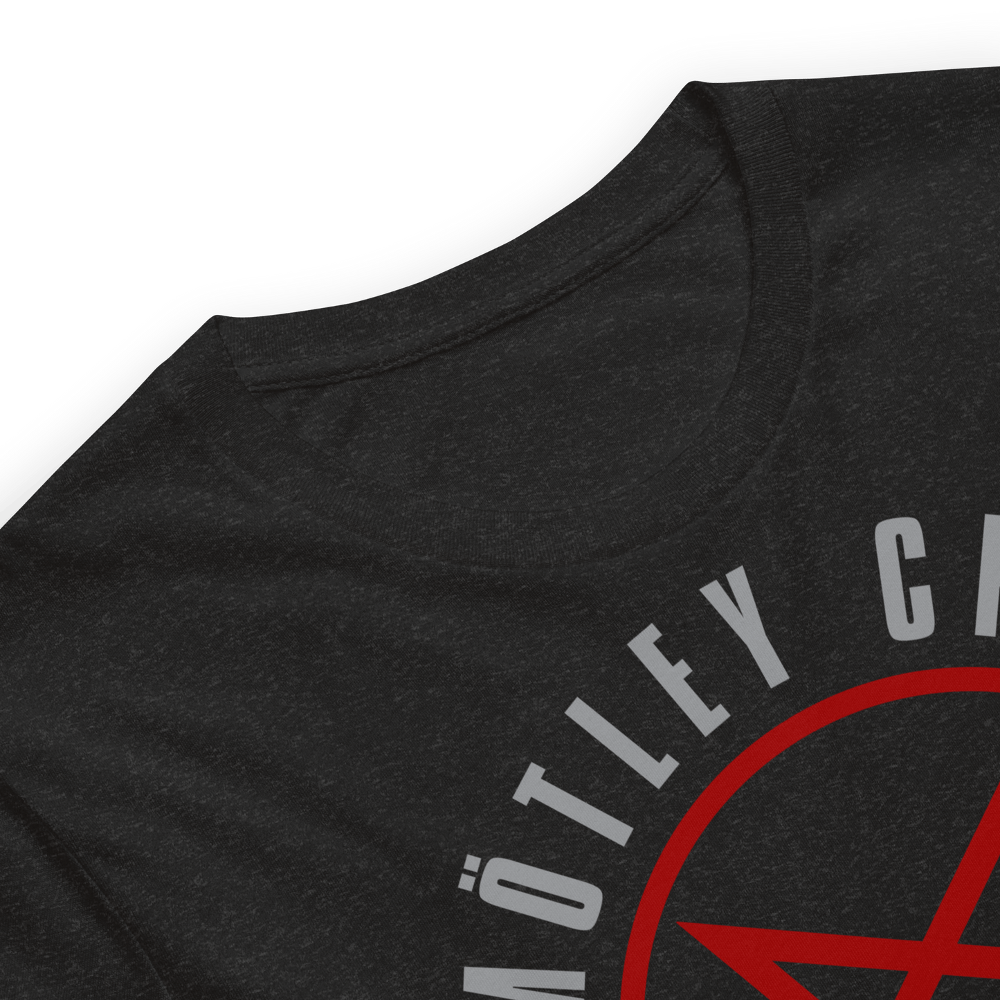 Close-up of the Official Motley Crüe The World Tour T-Shirt showing the premium graphic print, heavyweight black cotton fabric, and detailed front design.
