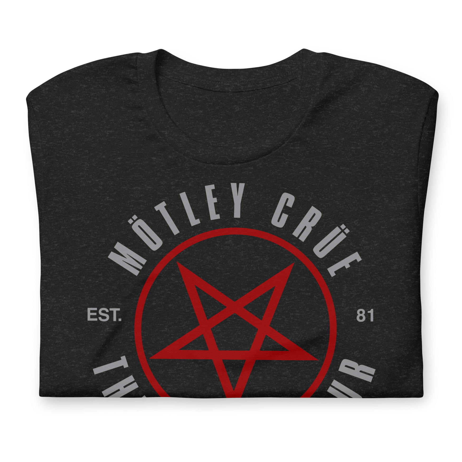 Folded Official Motley Crüe The World Tour T-Shirt featuring the bold red pentagram graphic and Est. 81 design on a heavyweight black 100% cotton crew neck tee.