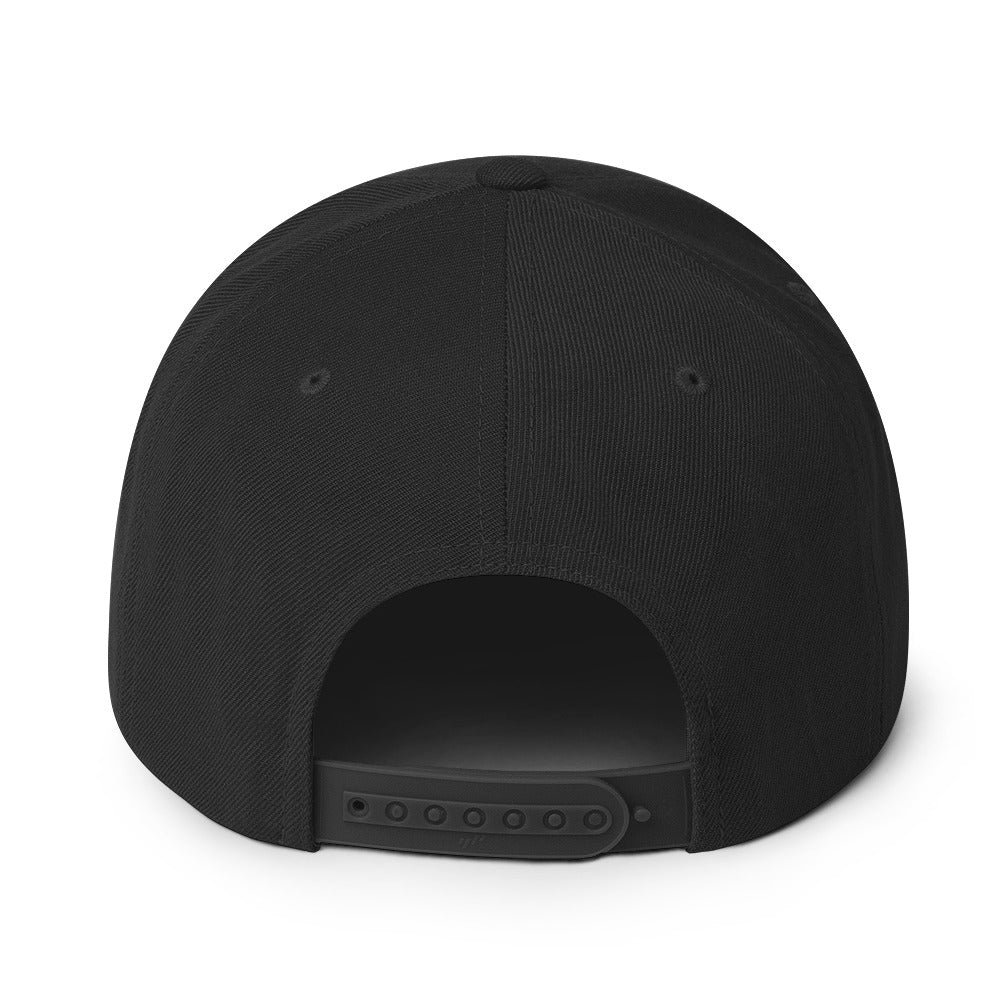 Back view of official Ozzy Osbourne black snapback hat featuring an adjustable plastic closure and structured six-panel design