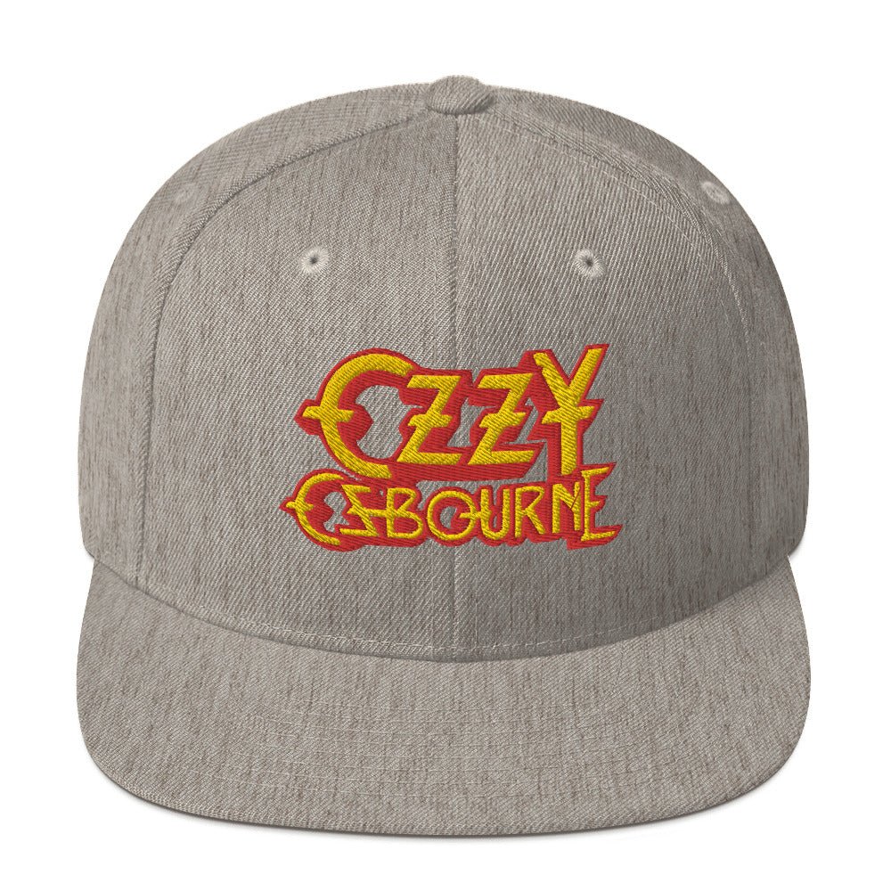 Front view of the official Ozzy Osbourne heather gray snapback hat with embroidered Ozzy Osbourne logo and structured six-panel design