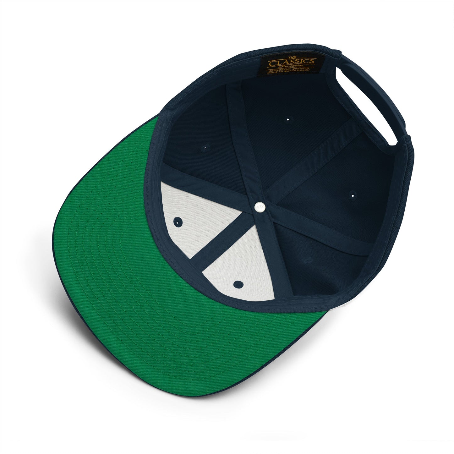 Interior view of the official Ozzy Osbourne black snapback hat showing the green undervisor, structured six-panel construction, and premium adjustable design