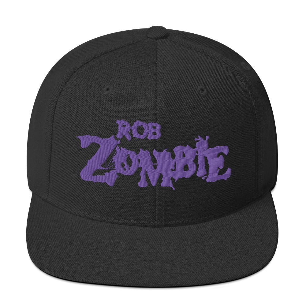 Official Rob Zombie logo snapback hat featuring a purple embroidered logo on a black adjustable cap.