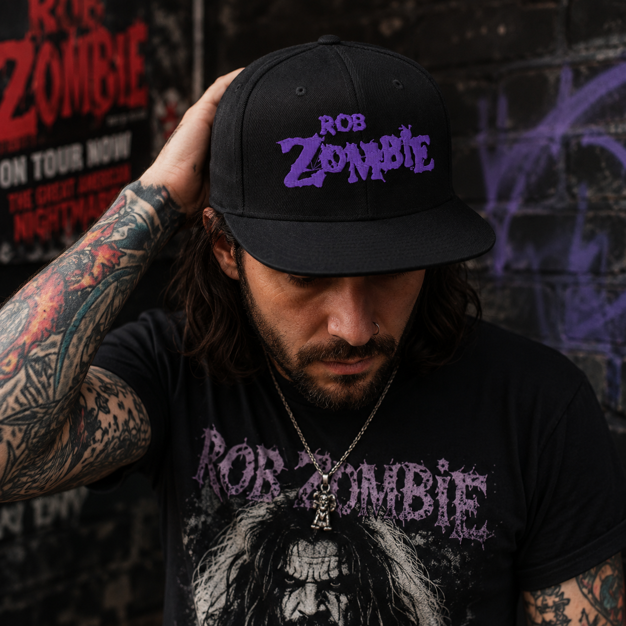 Male model wearing an official Rob Zombie logo snapback hat with a purple embroidered logo in an urban rock-inspired setting.