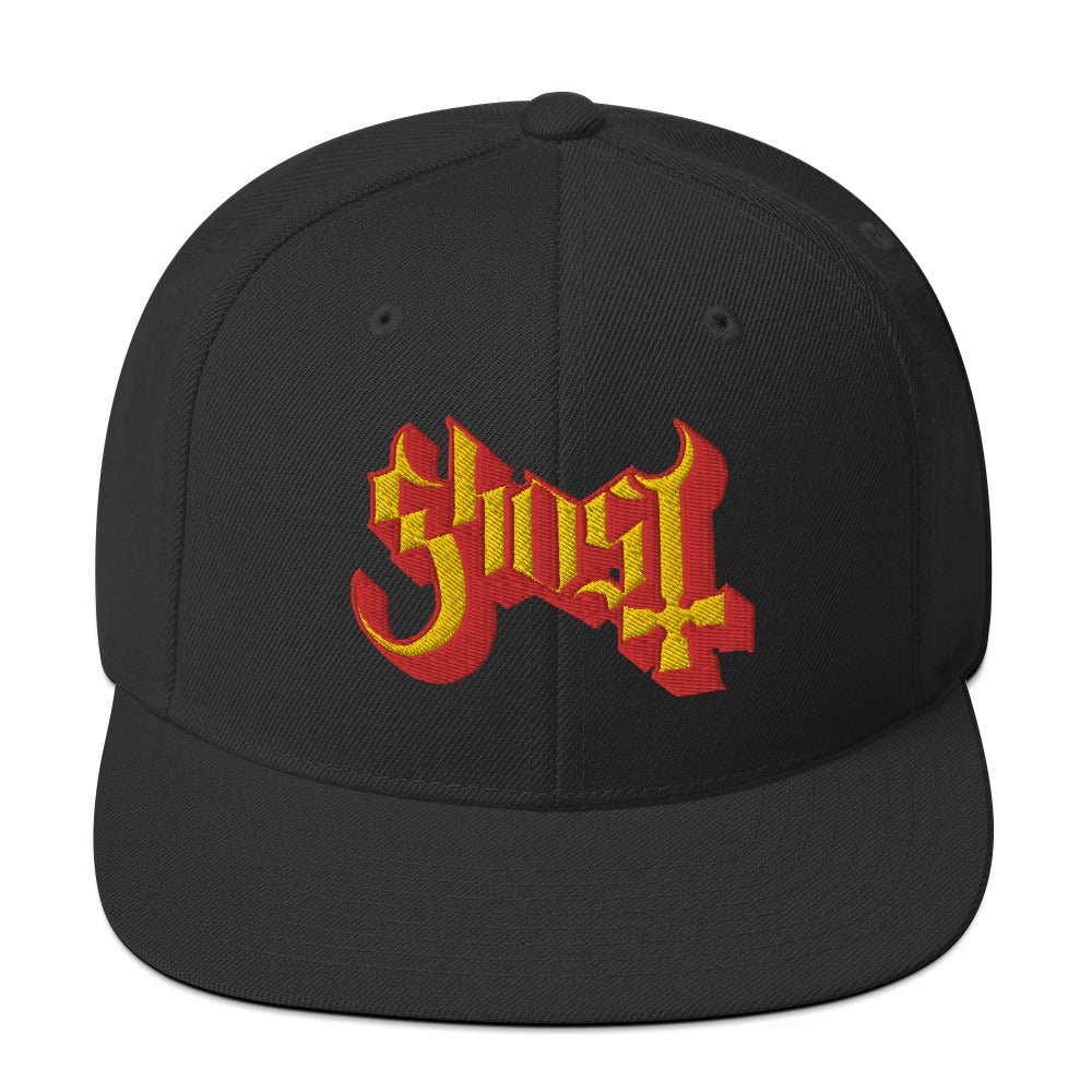 Officially Licensed Ghost Logo Snapback Hat featuring a premium embroidered Ghost logo on a black structured adjustable snapback cap.