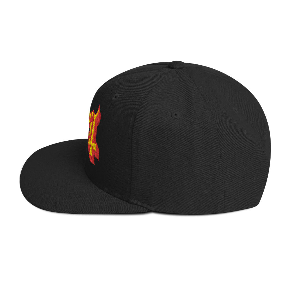 Left side view of the Officially Licensed Ghost Logo Snapback Hat featuring a structured black six-panel design with premium embroidered Ghost logo.