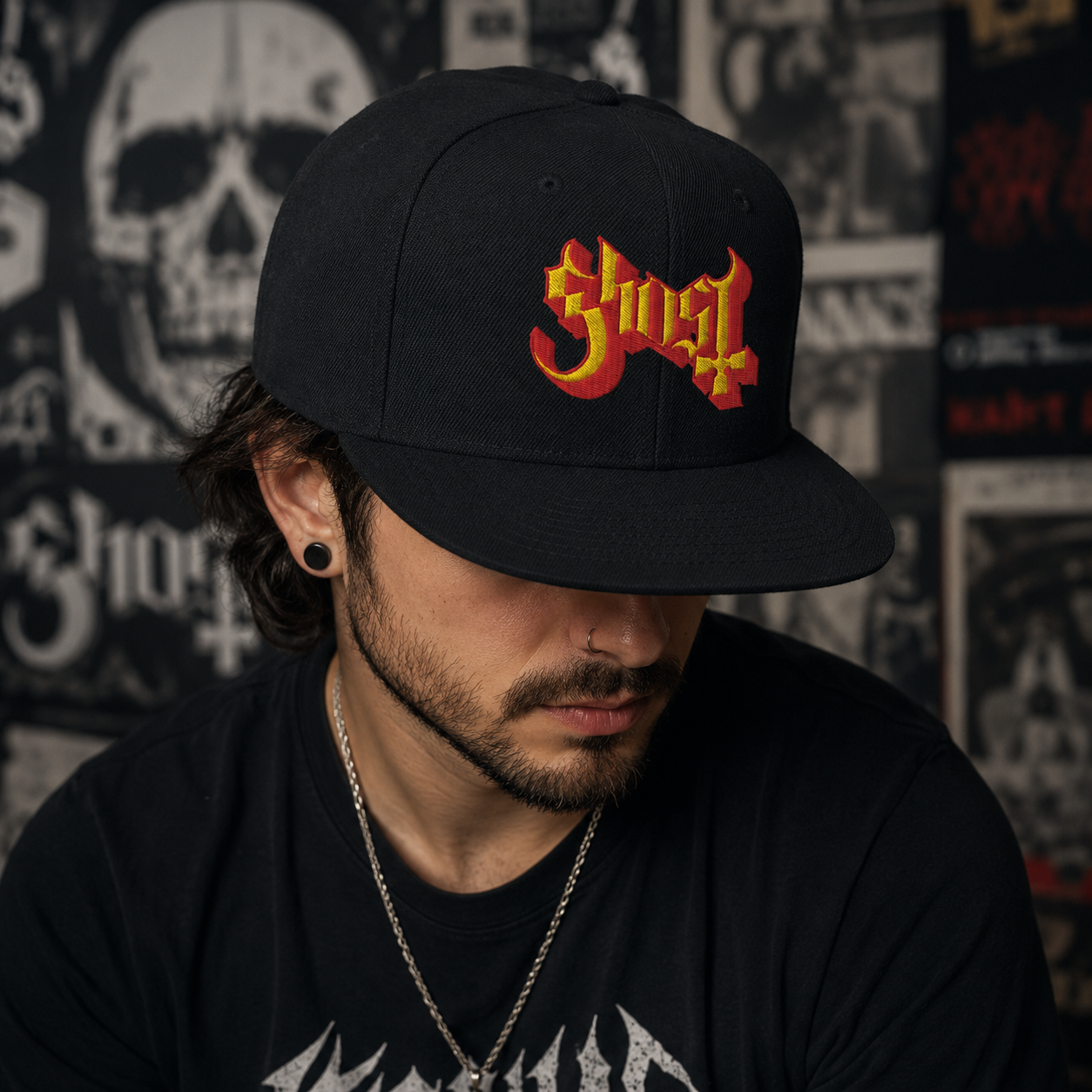 Male model wearing the Officially Licensed Ghost Logo Snapback Hat with premium embroidered logo in a modern rock-inspired lifestyle setting.