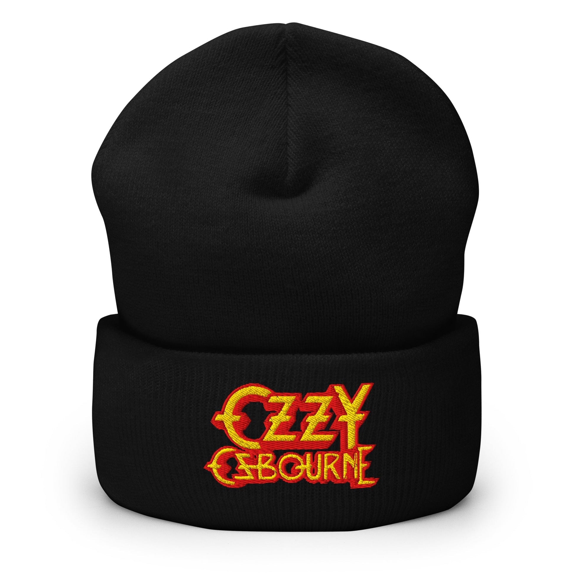 Front view of black Ozzy Osbourne beanie featuring a red and yellow embroidered logo