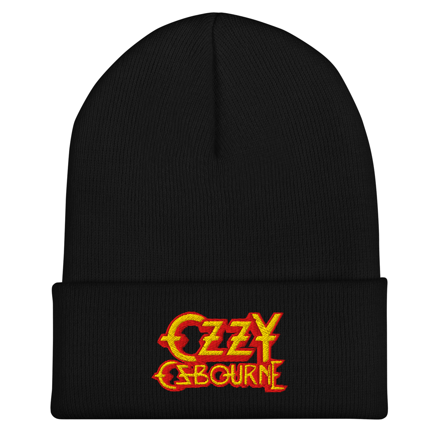 Black Ozzy Osbourne beanie with red and yellow embroidered logo on the cuff