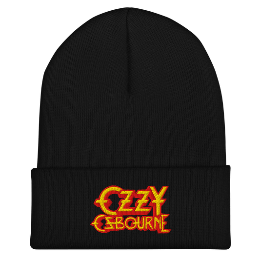 Black Ozzy Osbourne beanie with red and yellow embroidered logo on the cuff