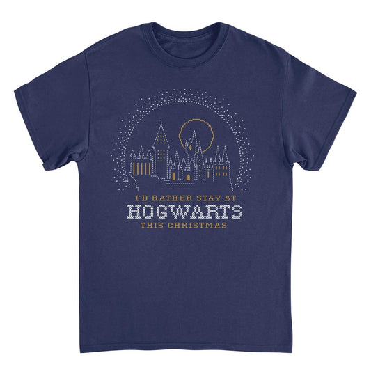 Harry Potter I'd Rather Stay at Hogwarts This Christmas Navy T-Shirt