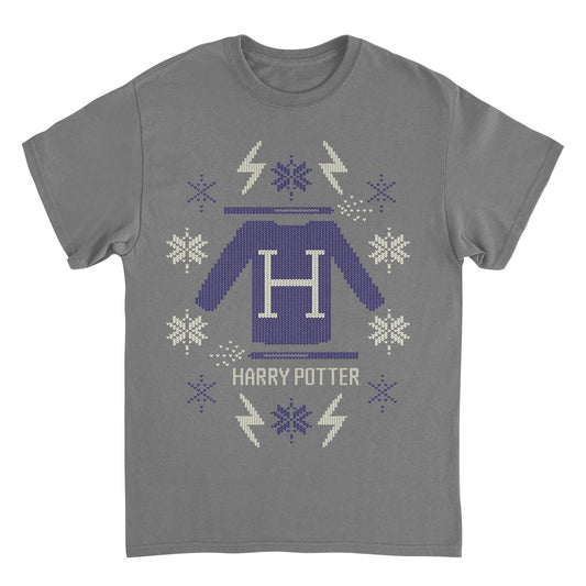Harry Potter Blue Christmas Sweater Pattern Charcoal T-Shirt