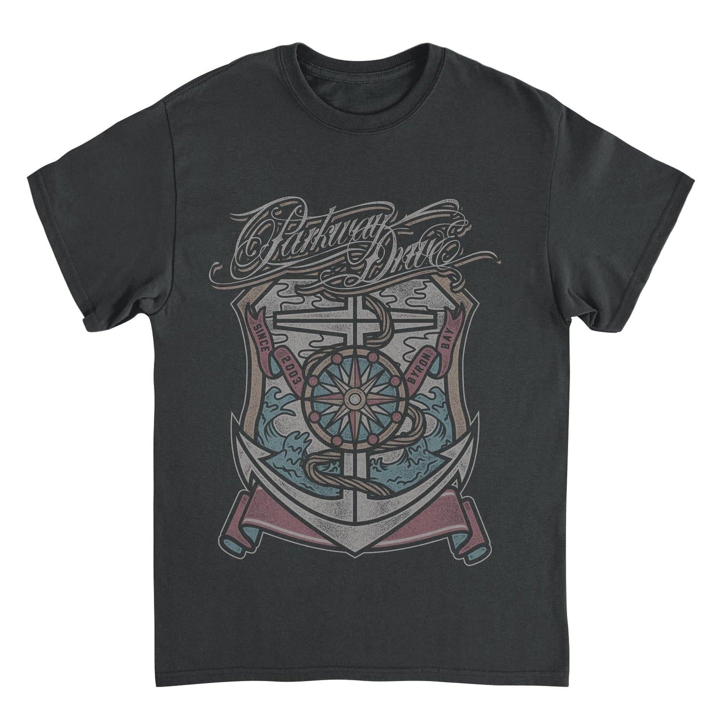 Parkway Drive Byron Bay 2003 black band t shirt with anchor and compass graphic official metalcore merch