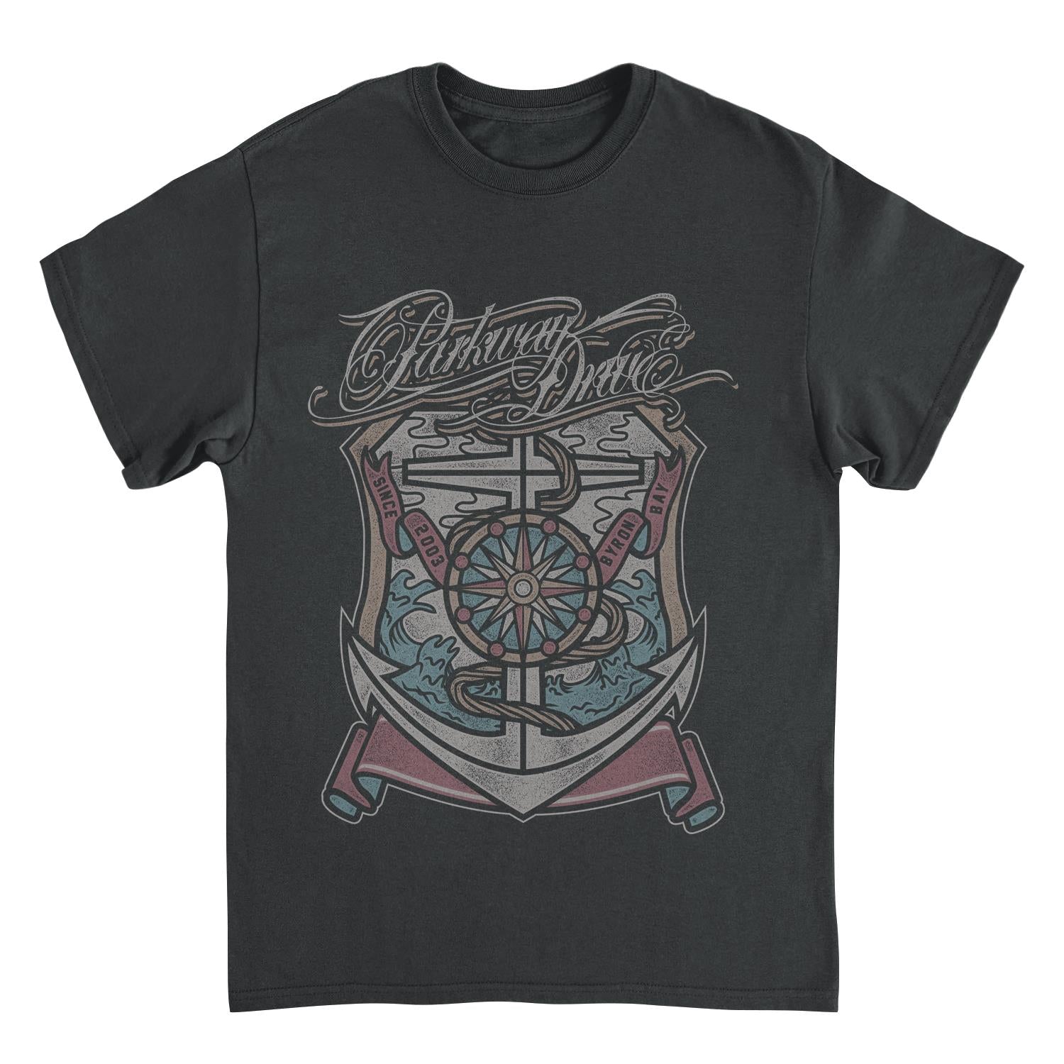 Parkway Drive Byron Bay 2003 black band t shirt with anchor and compass graphic official metalcore merch