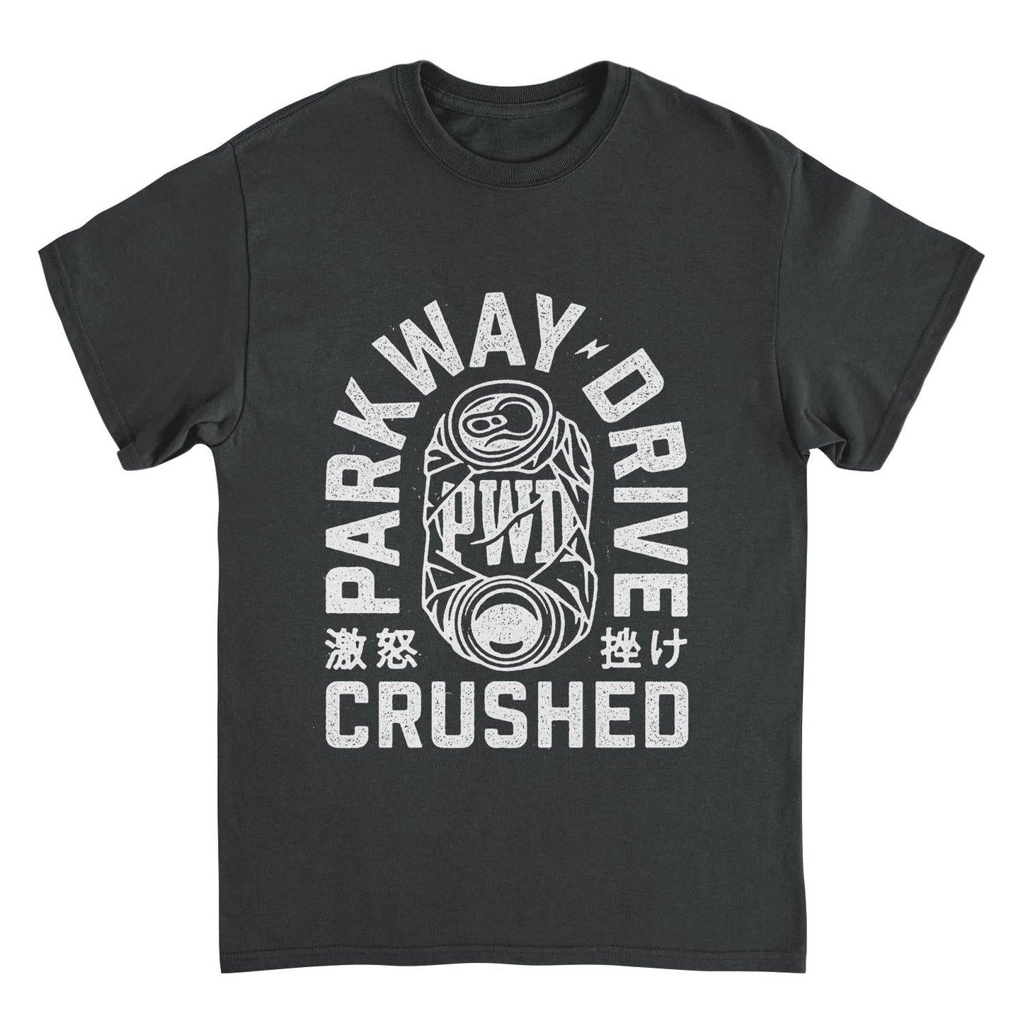 Parkway Drive crushed can black t shirt with bold distressed graphic metalcore band merch front view
